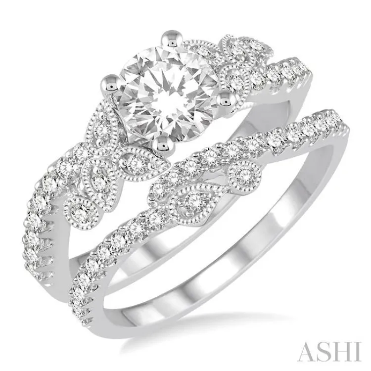 1 1/4 Ctw Diamond Bridal Set with 1 Ctw Round Cut Engagement Ring and 1/4 Ctw Wedding Band in 14K White Gold