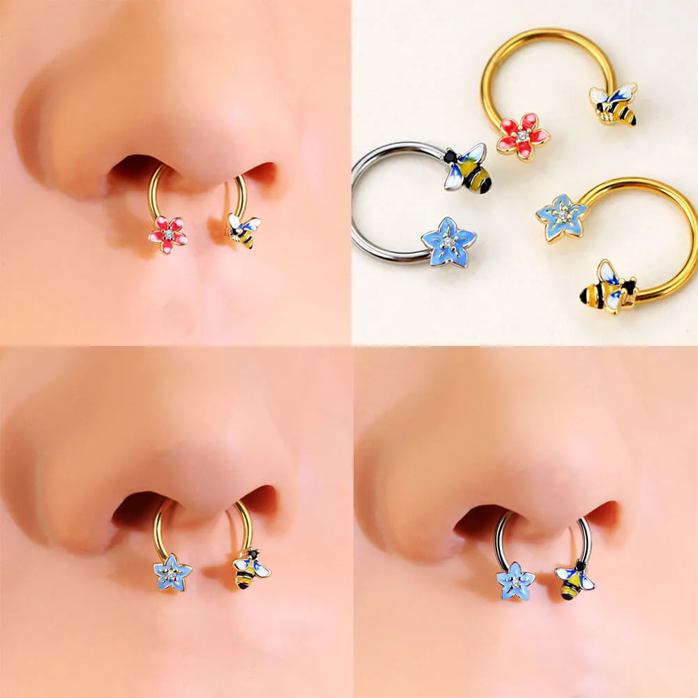 16G Bee Flower Septum Hoop Cartilage Earrings Horseshoe Hoop