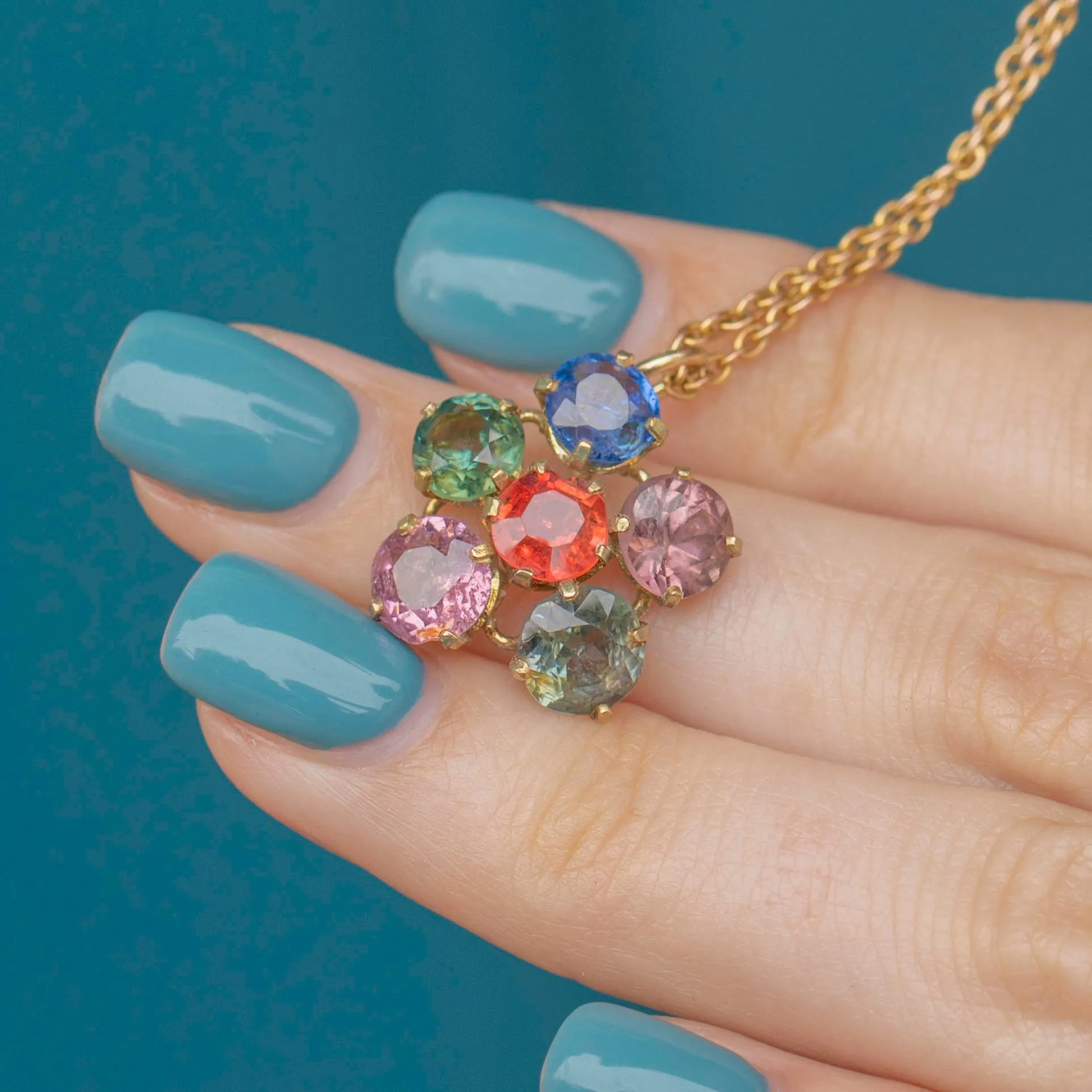 9ct Gold Blue Sapphire, Orange Sapphire & Topaz Flower Pendant