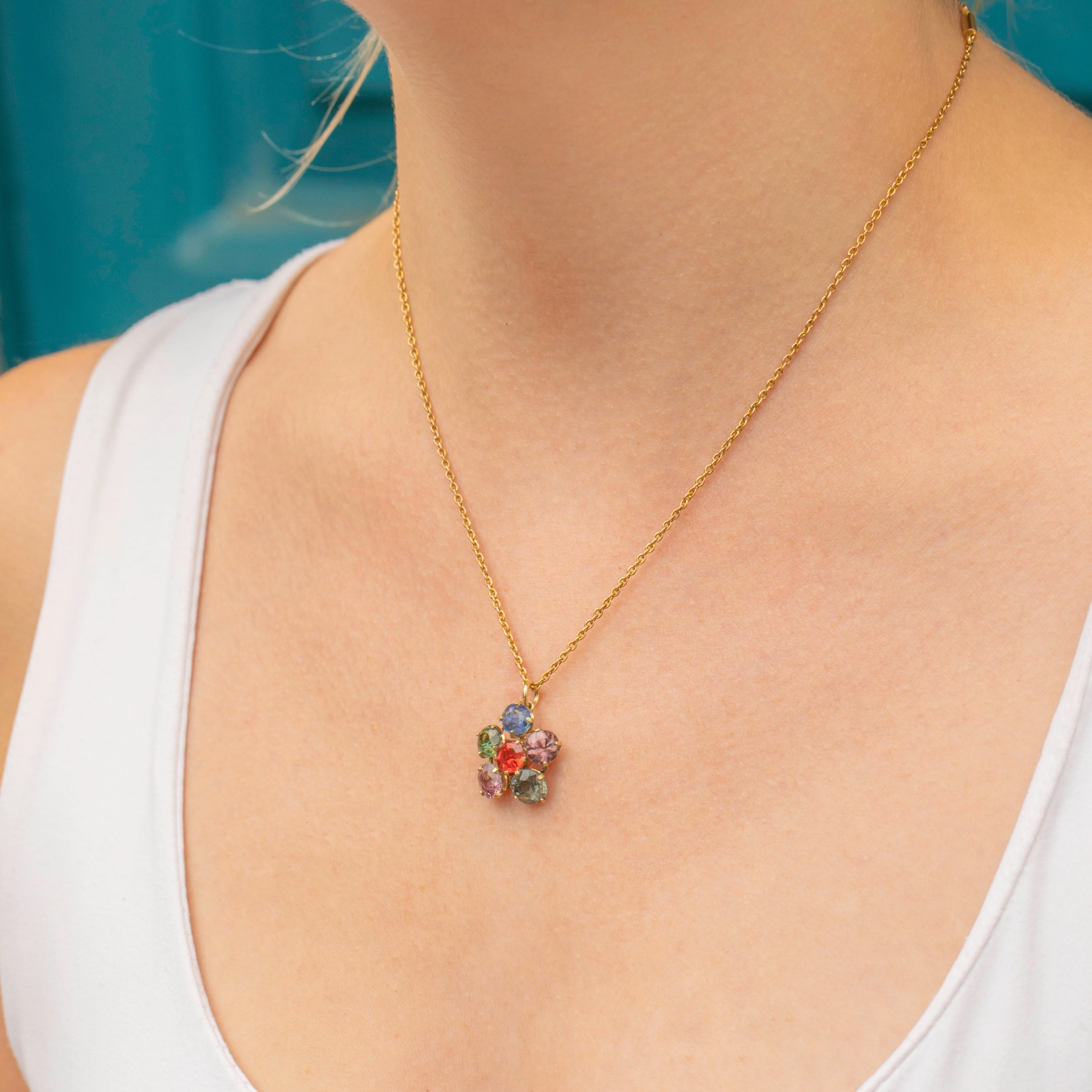 9ct Gold Blue Sapphire, Orange Sapphire & Topaz Flower Pendant