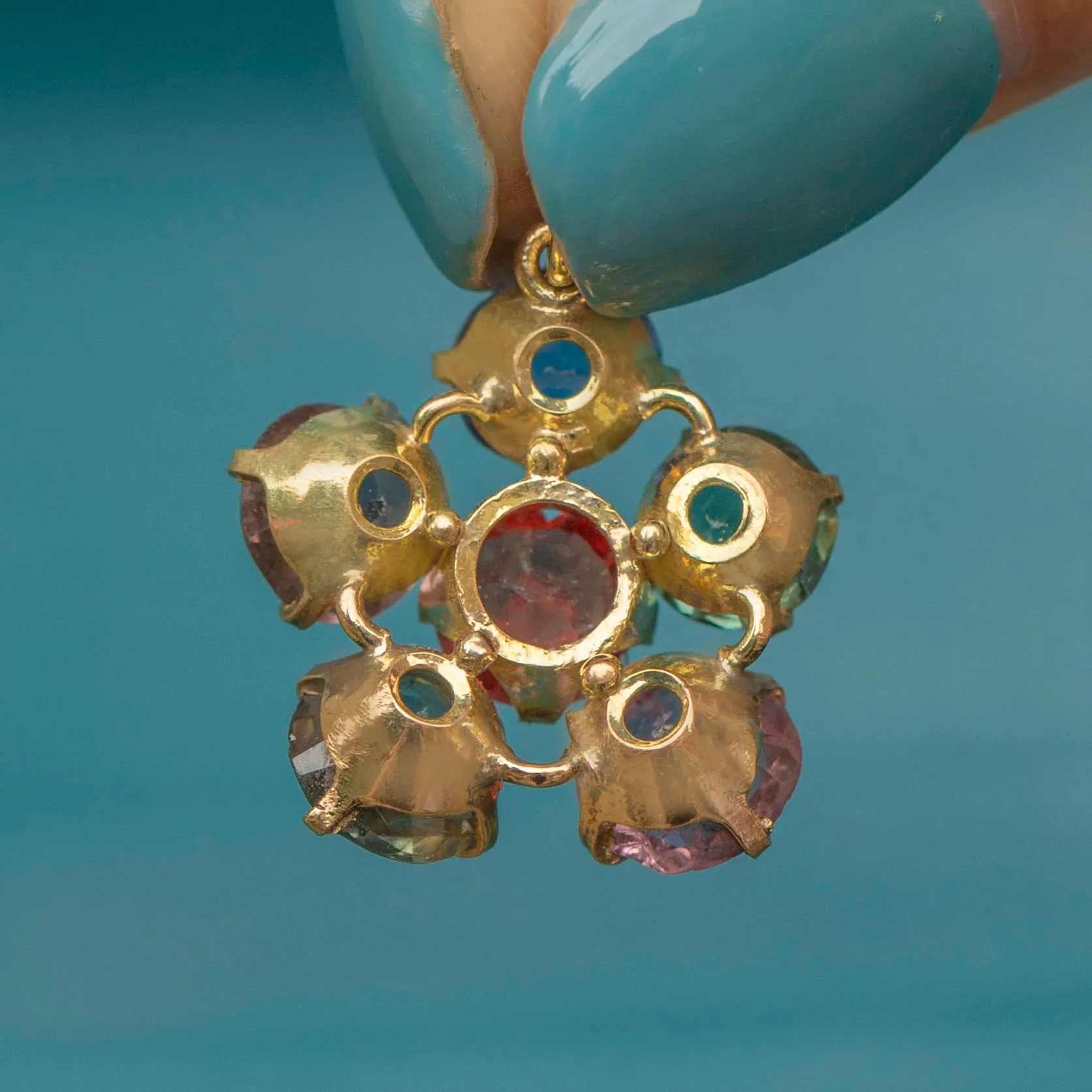9ct Gold Blue Sapphire, Orange Sapphire & Topaz Flower Pendant