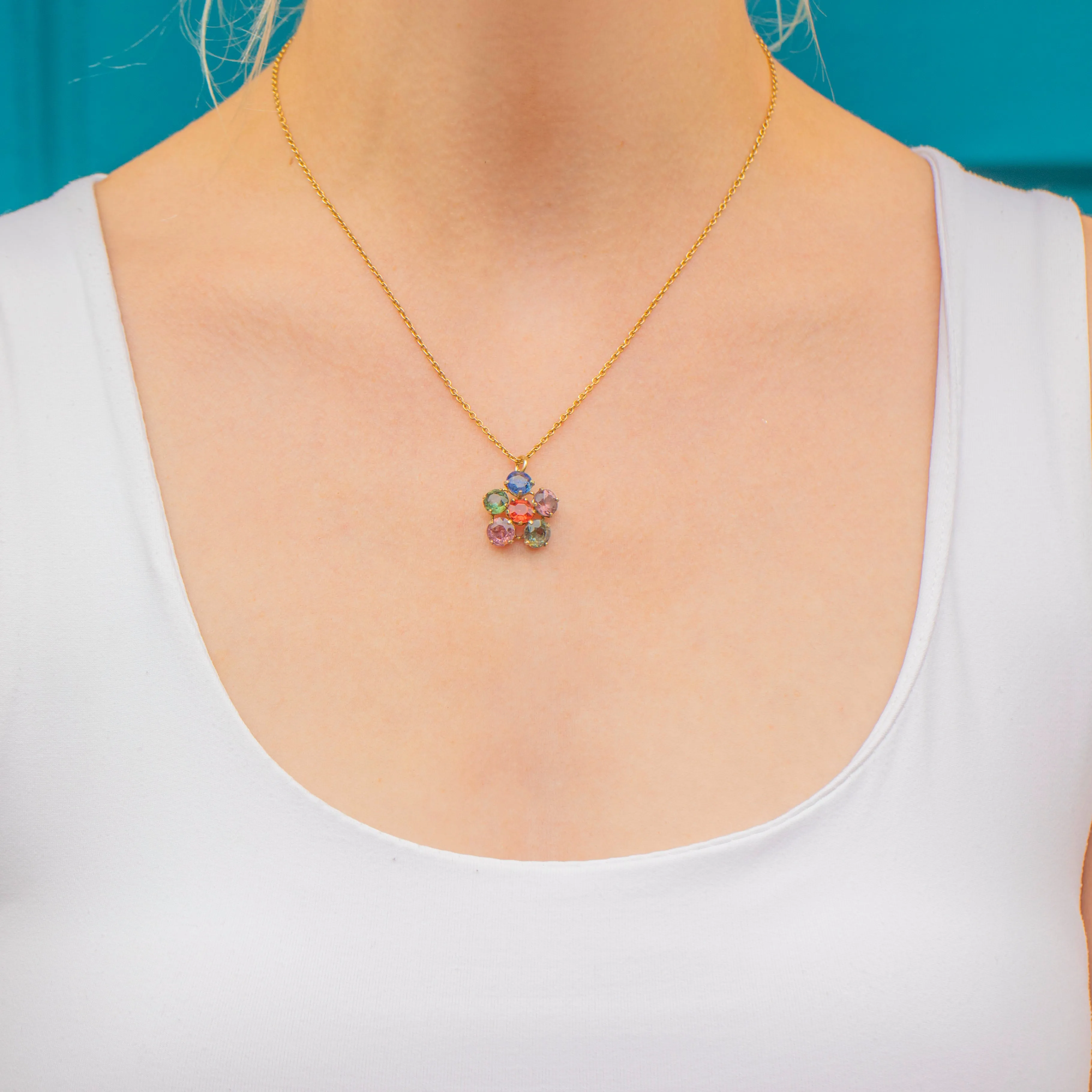 9ct Gold Blue Sapphire, Orange Sapphire & Topaz Flower Pendant
