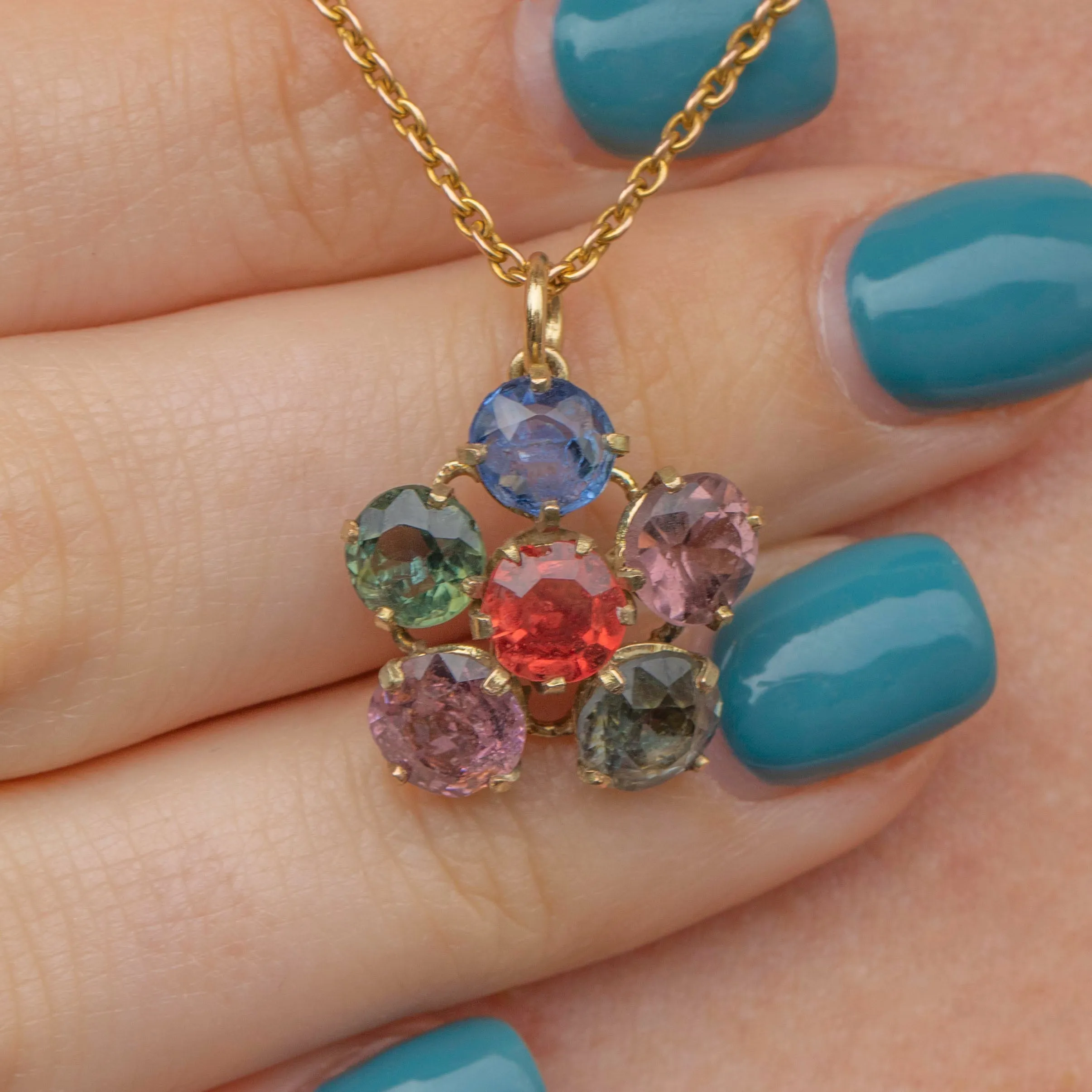 9ct Gold Blue Sapphire, Orange Sapphire & Topaz Flower Pendant