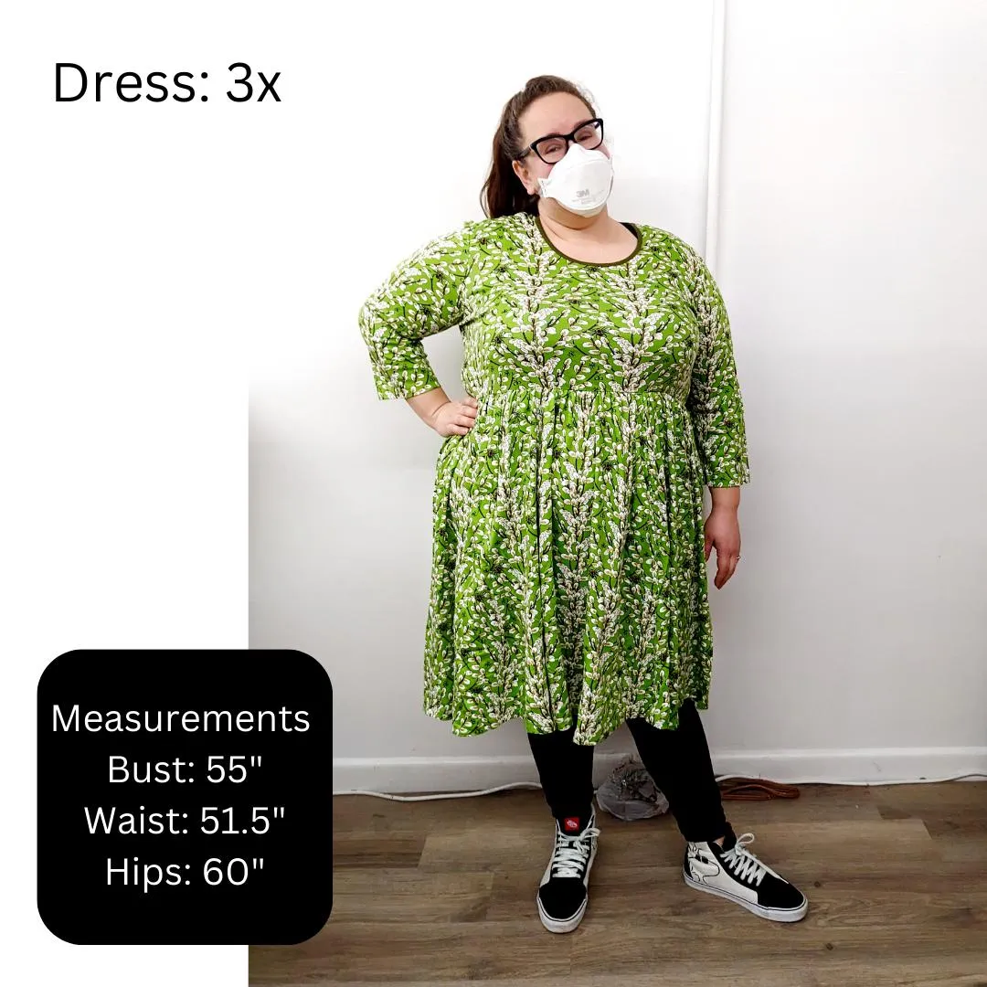 Adult's Flowers- Bay Green Long Sleeve Dress With Gathered Skirt