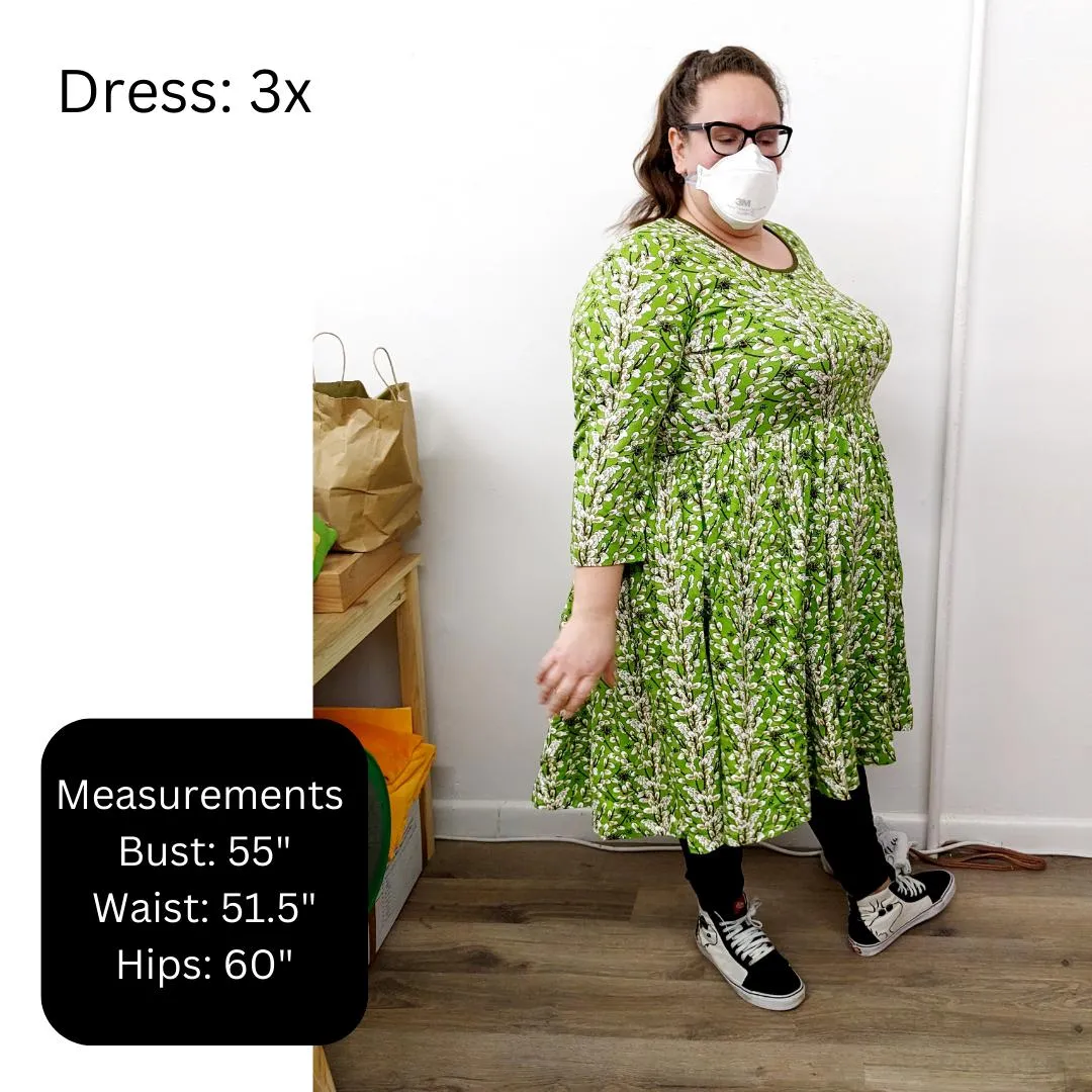 Adult's Flowers- Bay Green Long Sleeve Dress With Gathered Skirt