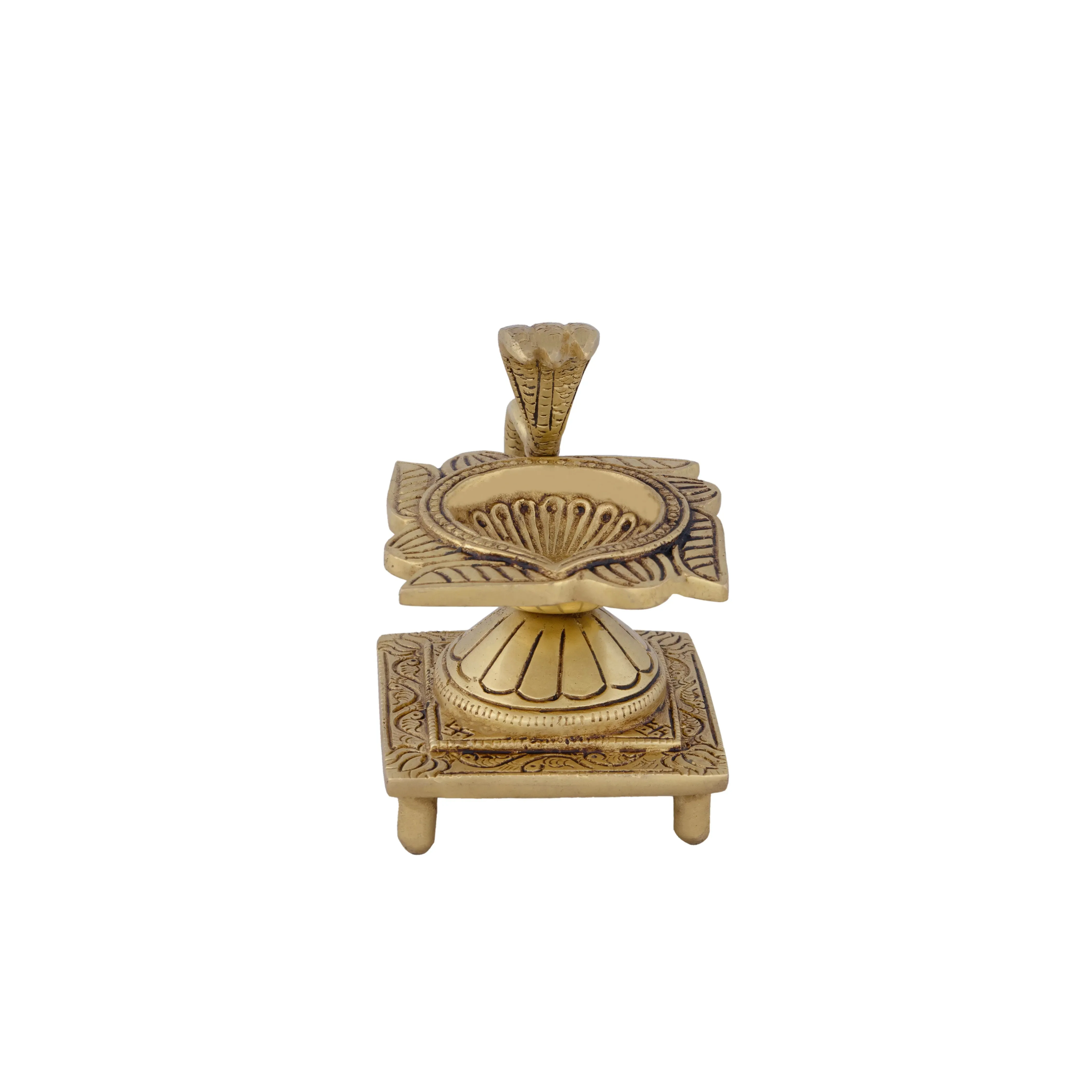 Agal Vilakku with Snake Handle - 4 x 3 Inches | Antique Brass Flower Design Lamp for Pooja/ 680 Gms Approx