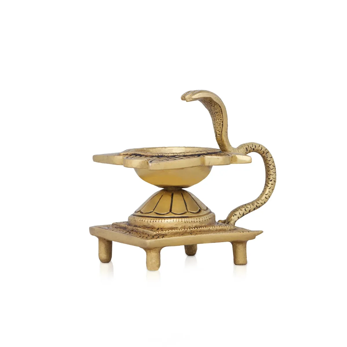 Agal Vilakku with Snake Handle - 4 x 3 Inches | Antique Brass Flower Design Lamp for Pooja/ 680 Gms Approx