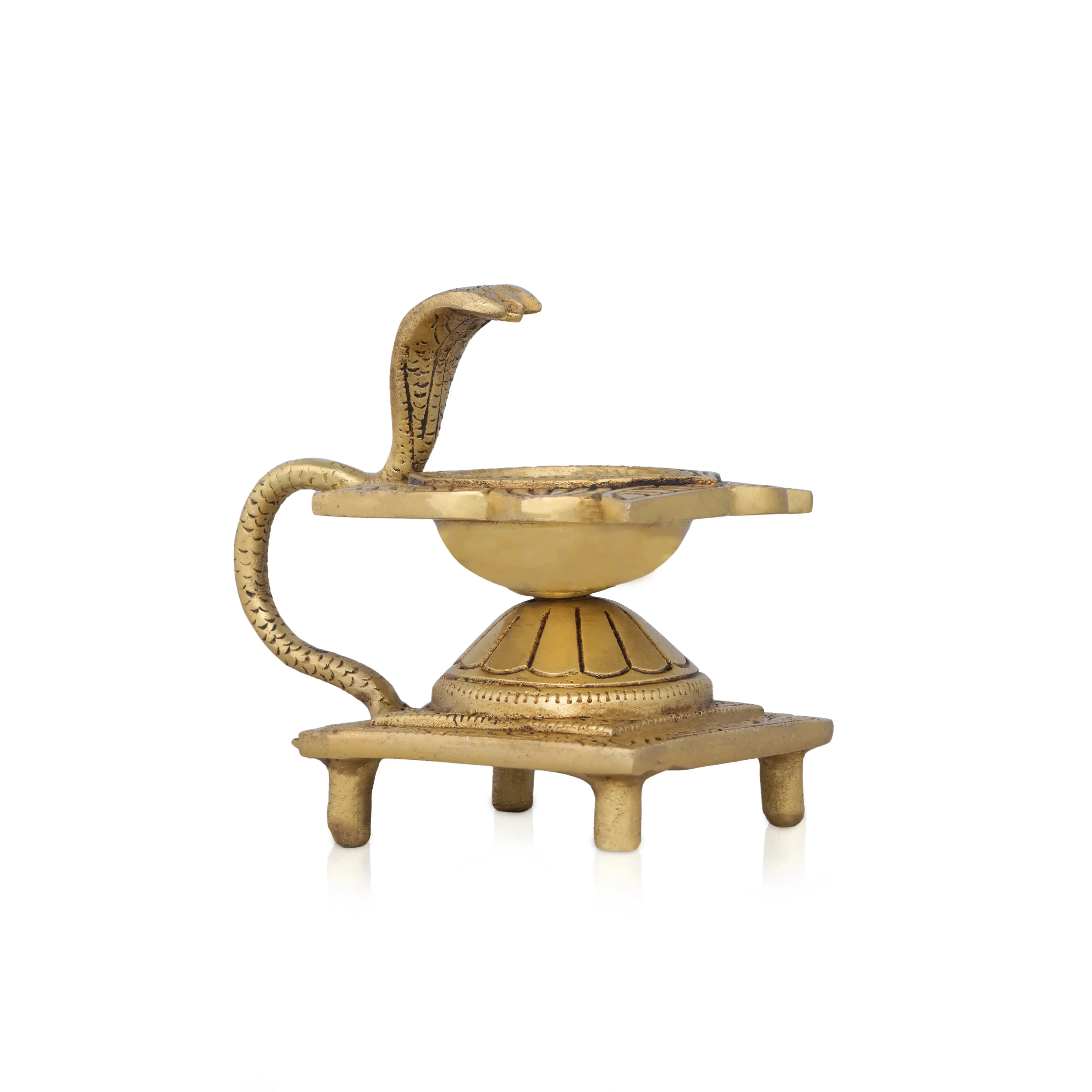 Agal Vilakku with Snake Handle - 4 x 3 Inches | Antique Brass Flower Design Lamp for Pooja/ 680 Gms Approx
