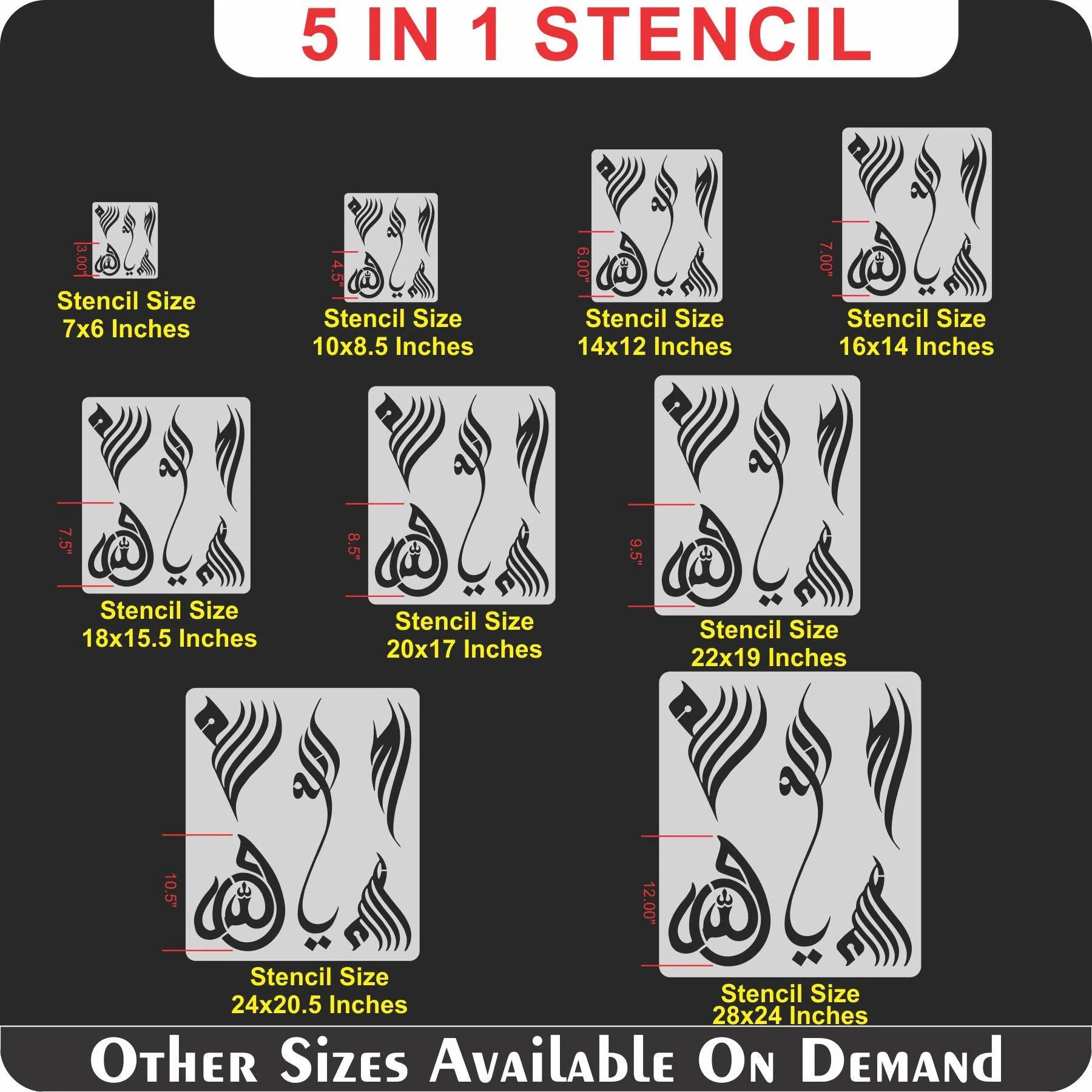 Allah in 5 Font Styles Calligraphy Islamic Reusable Stencil for Canvas and wall painting.ID#4125B