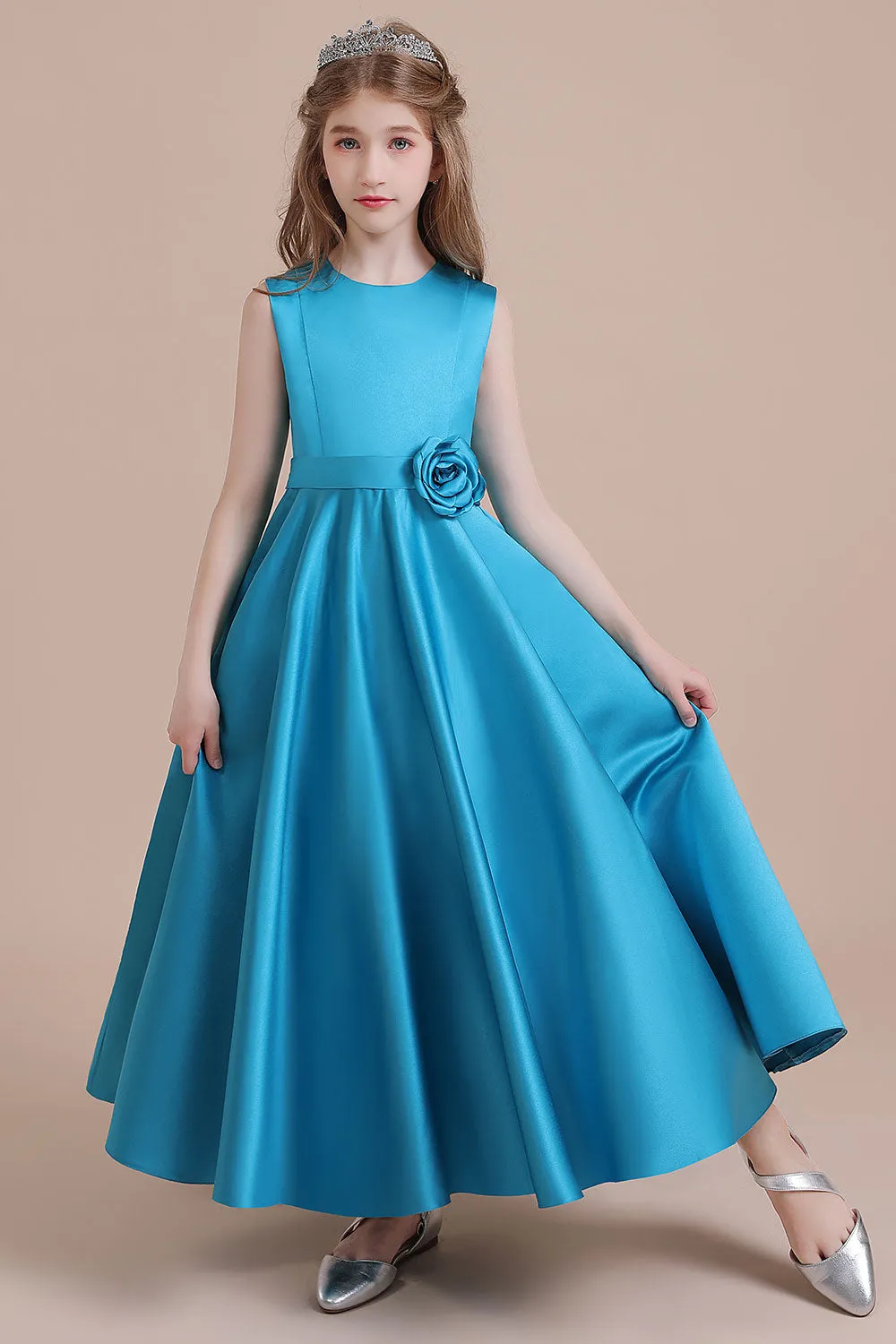 Awesome Sleeveless Satin Flower Girl Dress Aline Grils Blue Flower Dresses