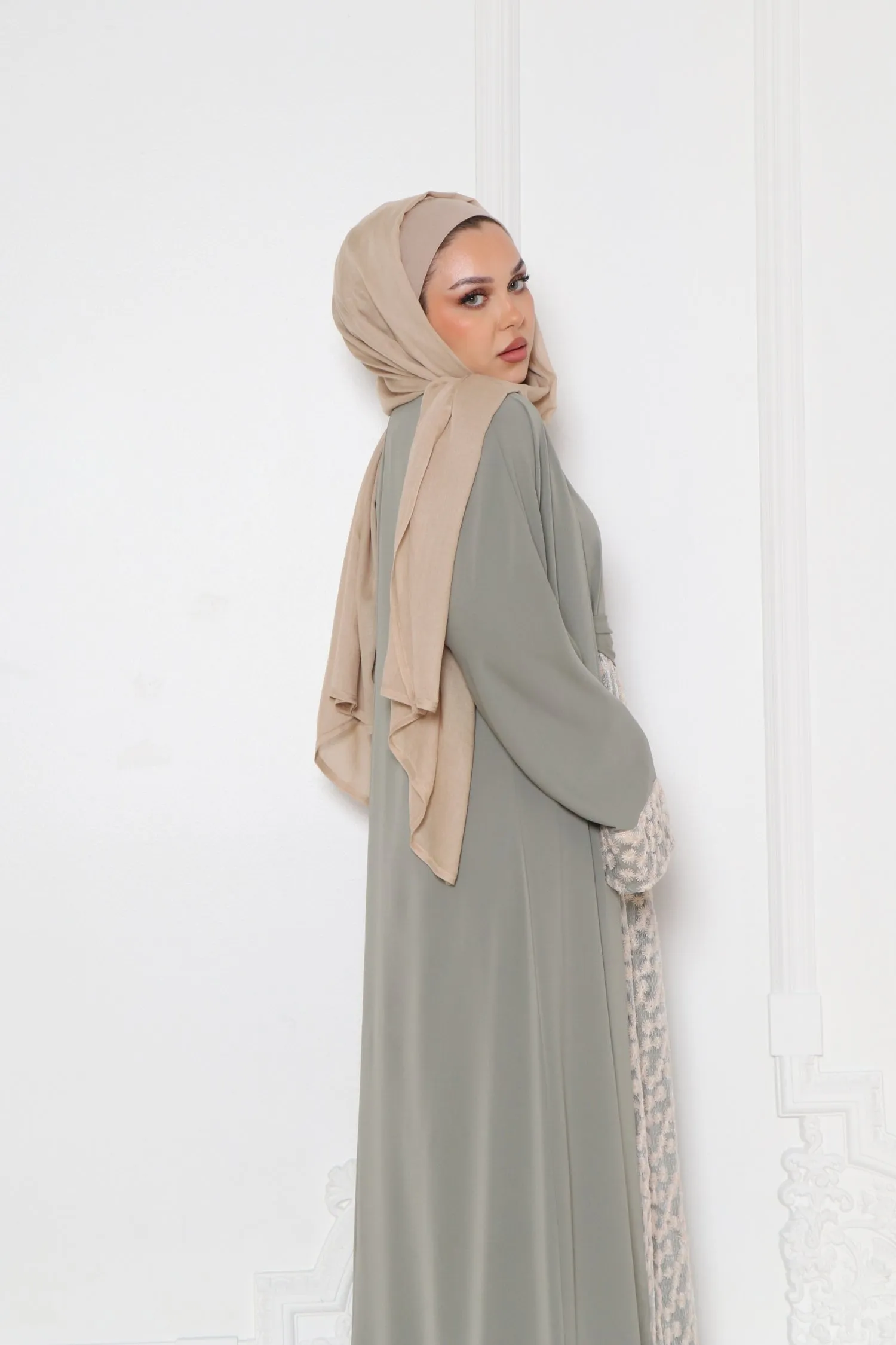 Azra Embroidery Abaya Set- Dusty Olive