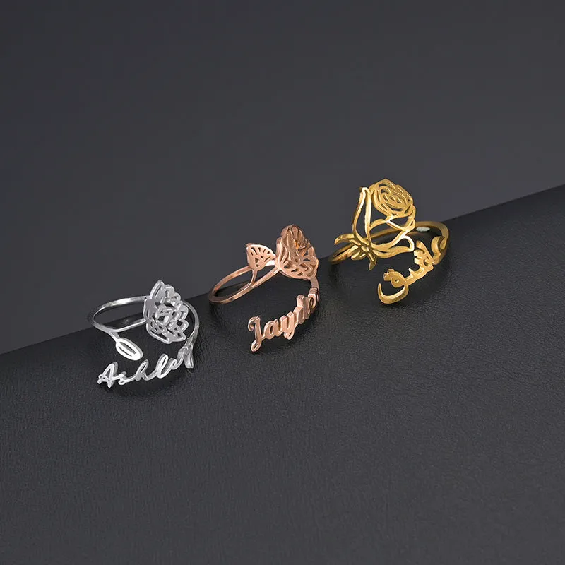 Birth Month Flower & Personalised Name Ring