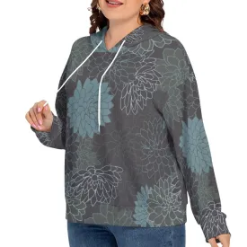 Blue French Flowers Women's Long Sleeve Sweatshirt With Hood(Plus Size)