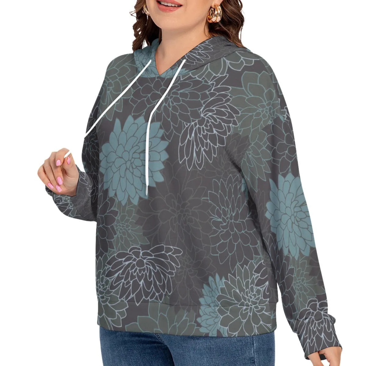 Blue French Flowers Women's Long Sleeve Sweatshirt With Hood(Plus Size)