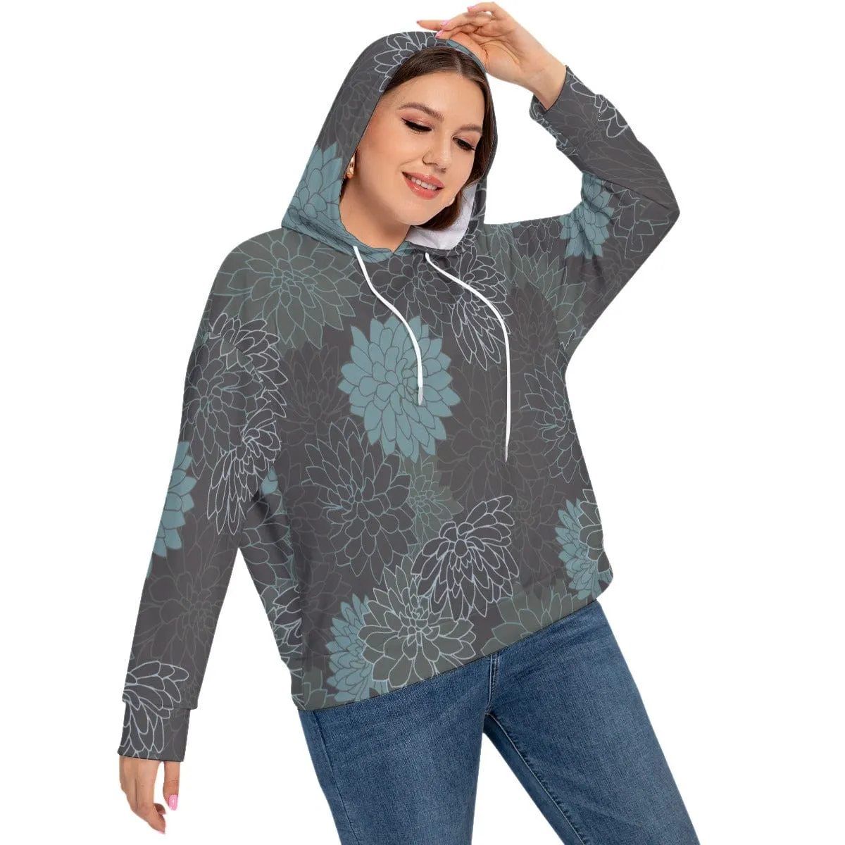 Blue French Flowers Women's Long Sleeve Sweatshirt With Hood(Plus Size)