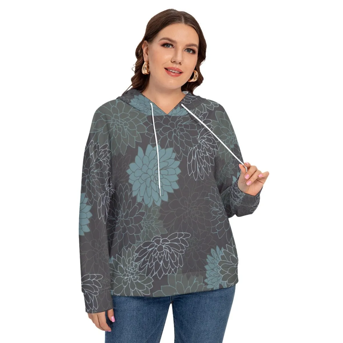 Blue French Flowers Women's Long Sleeve Sweatshirt With Hood(Plus Size)