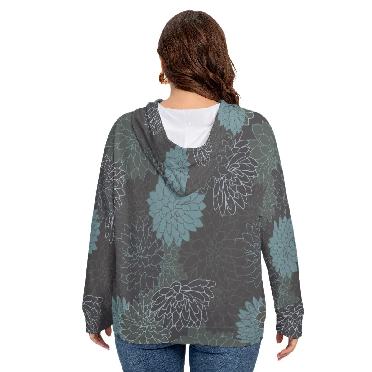 Blue French Flowers Women's Long Sleeve Sweatshirt With Hood(Plus Size)