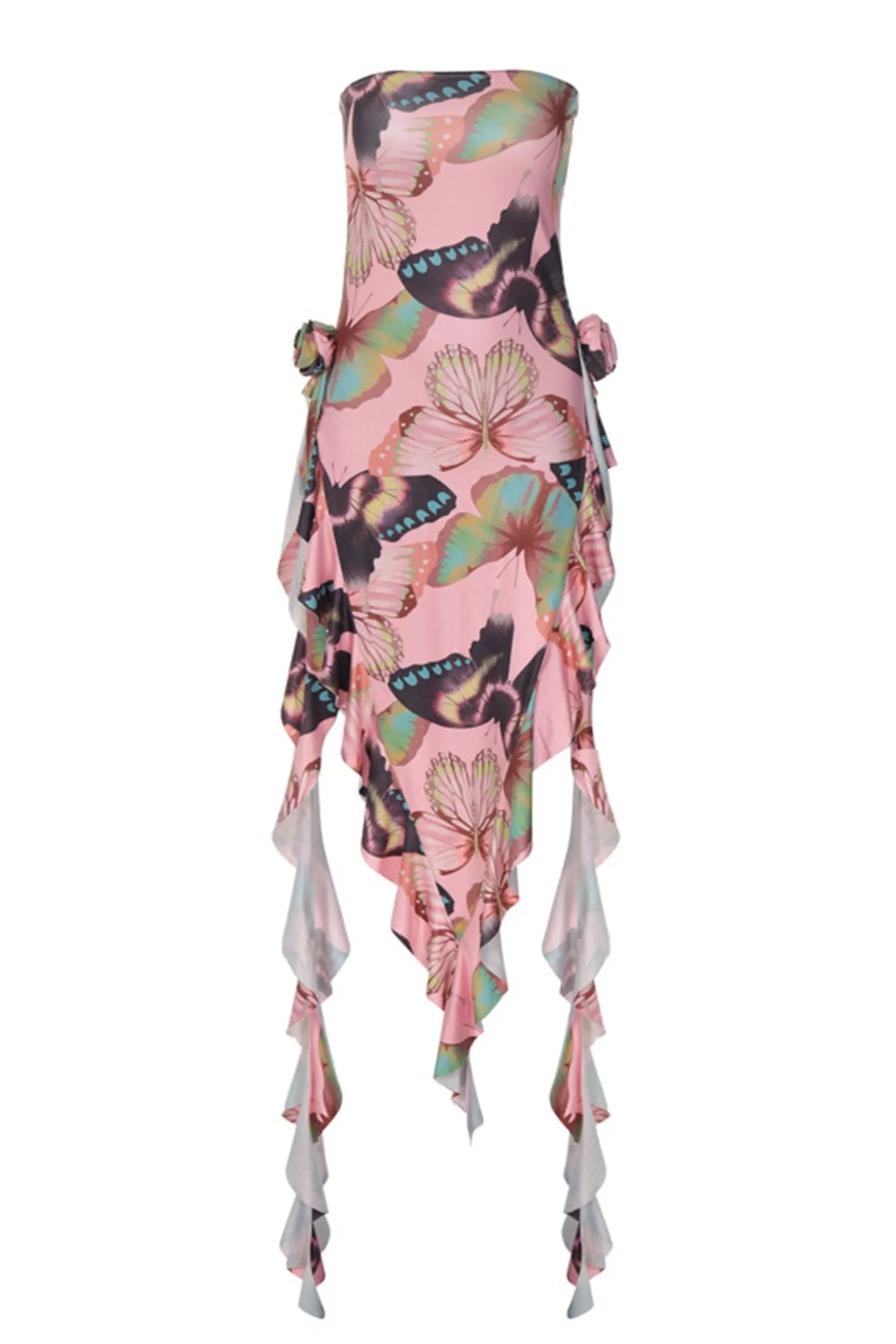 Butterfly Printed Ruffle Ribbon Flower Tube Top Dress