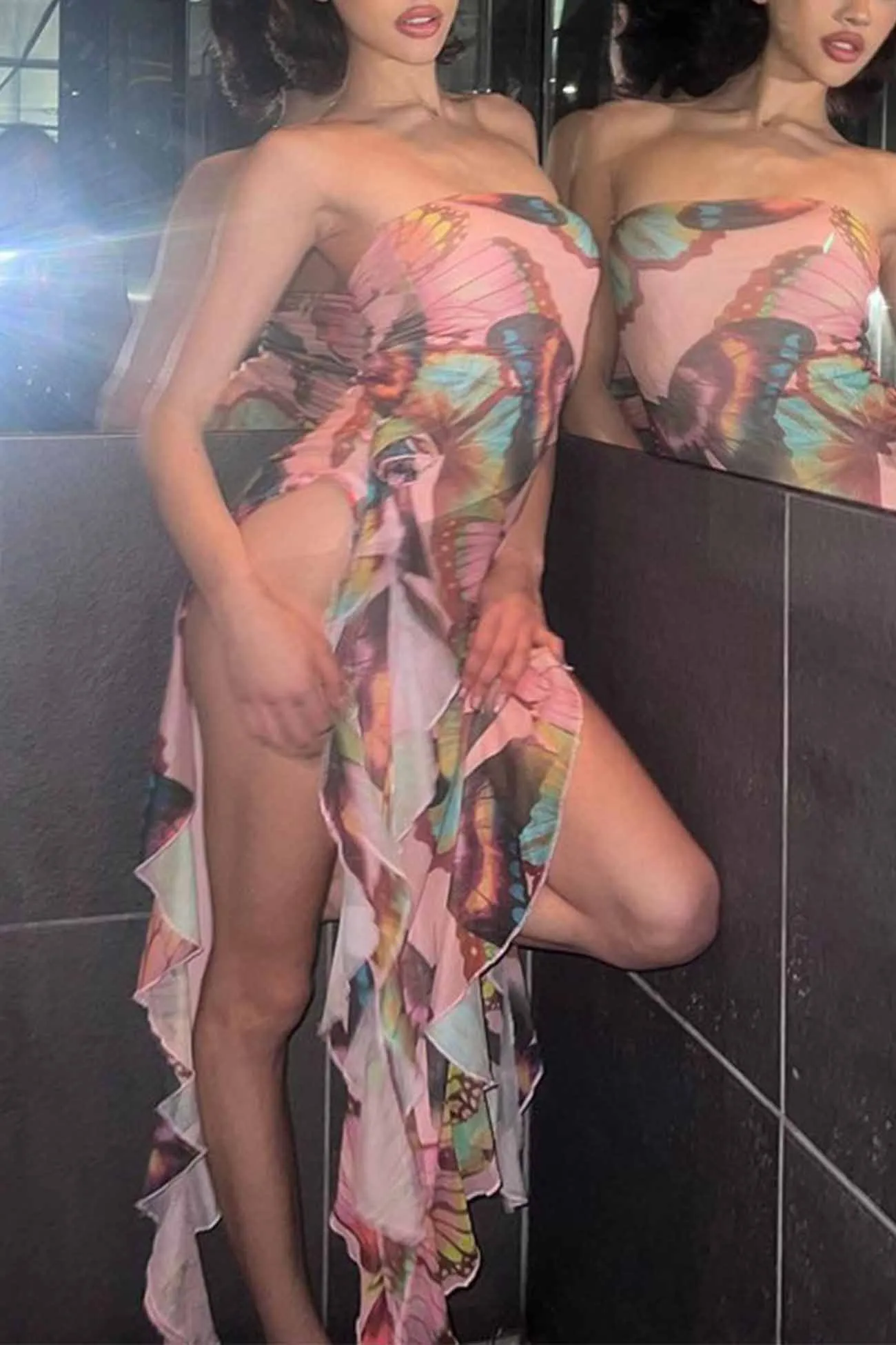 Butterfly Printed Ruffle Ribbon Flower Tube Top Dress