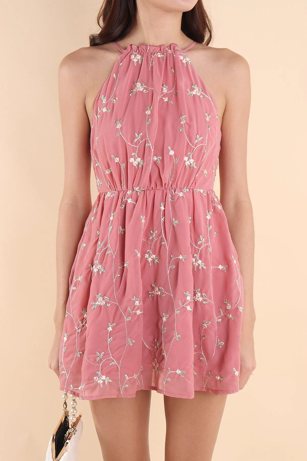 Chic Rose Camellia Halter Mesh Dress