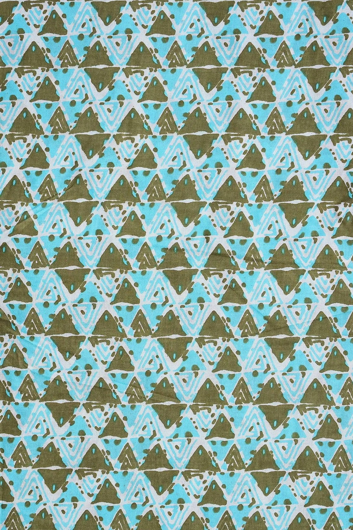 Dark Olive And Sky Blue Geometric Pattern Print On White Pure Cotton Fabric