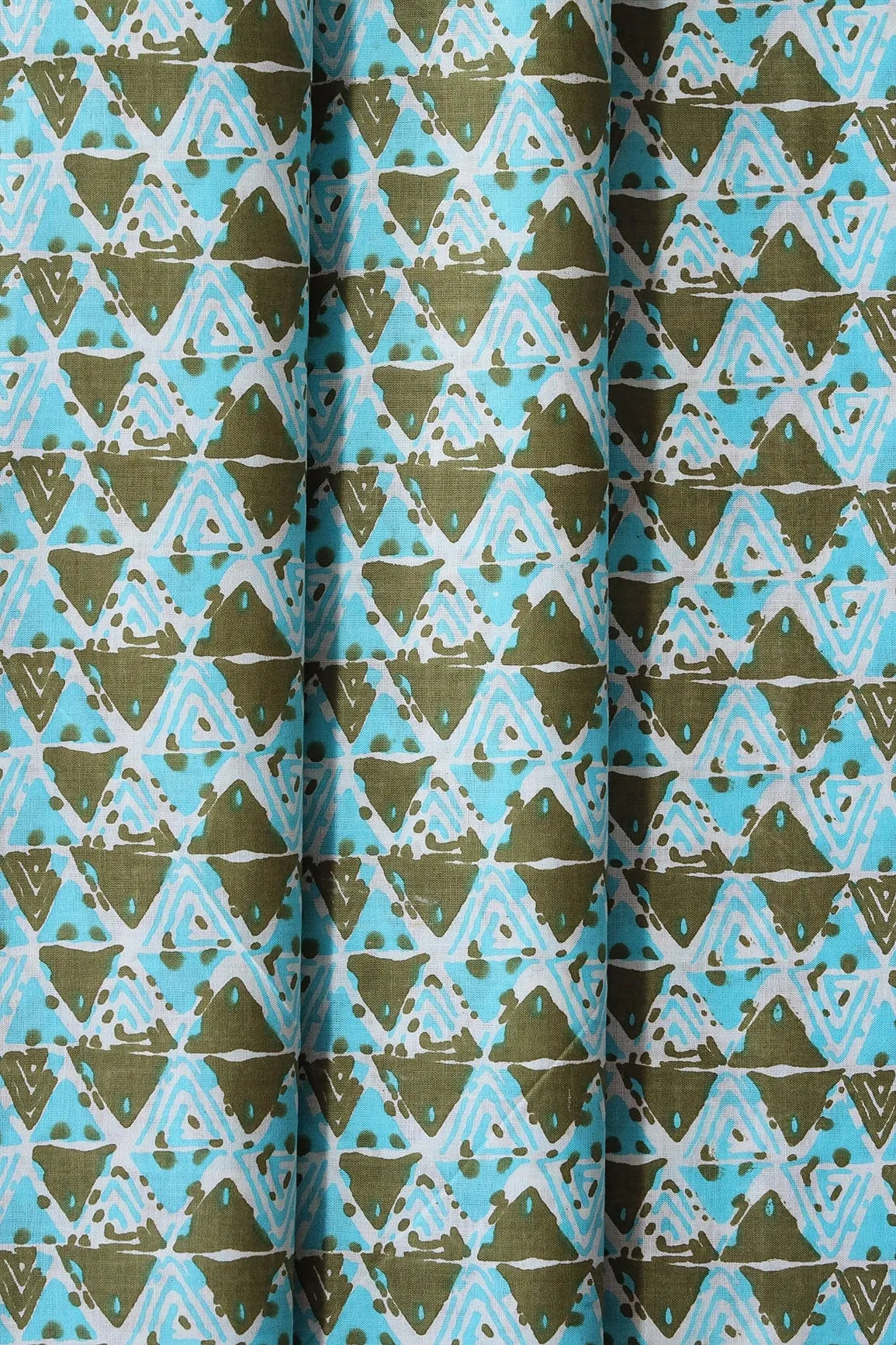 Dark Olive And Sky Blue Geometric Pattern Print On White Pure Cotton Fabric