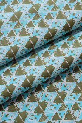 Dark Olive And Sky Blue Geometric Pattern Print On White Pure Cotton Fabric