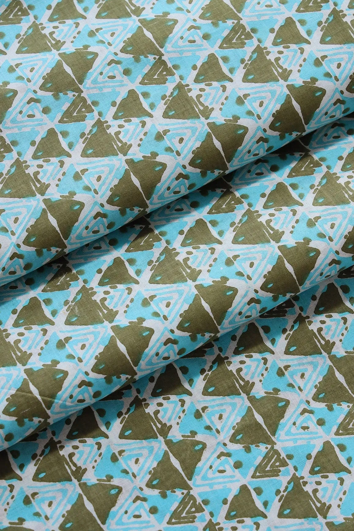 Dark Olive And Sky Blue Geometric Pattern Print On White Pure Cotton Fabric