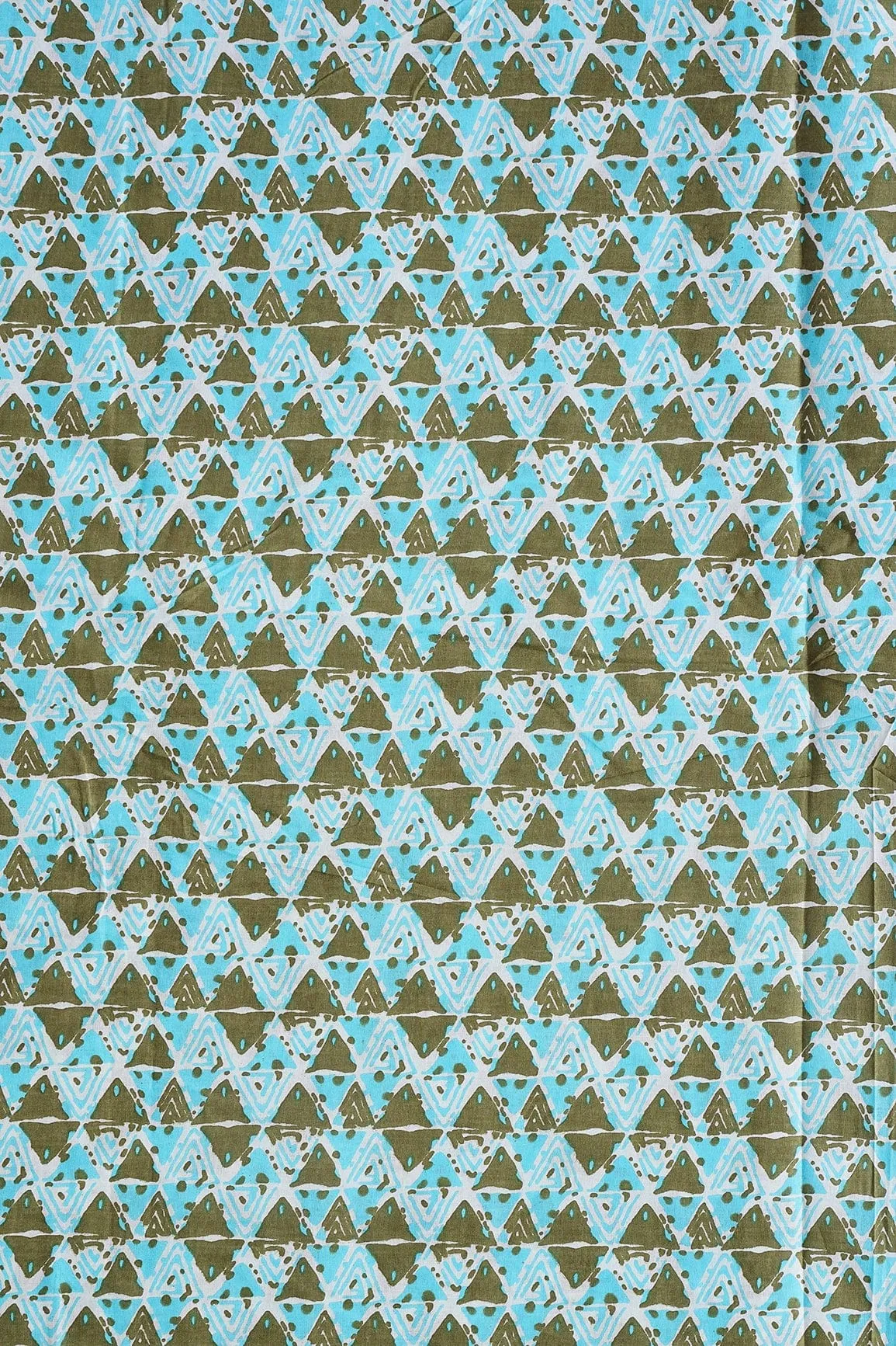 Dark Olive And Sky Blue Geometric Pattern Print On White Pure Cotton Fabric