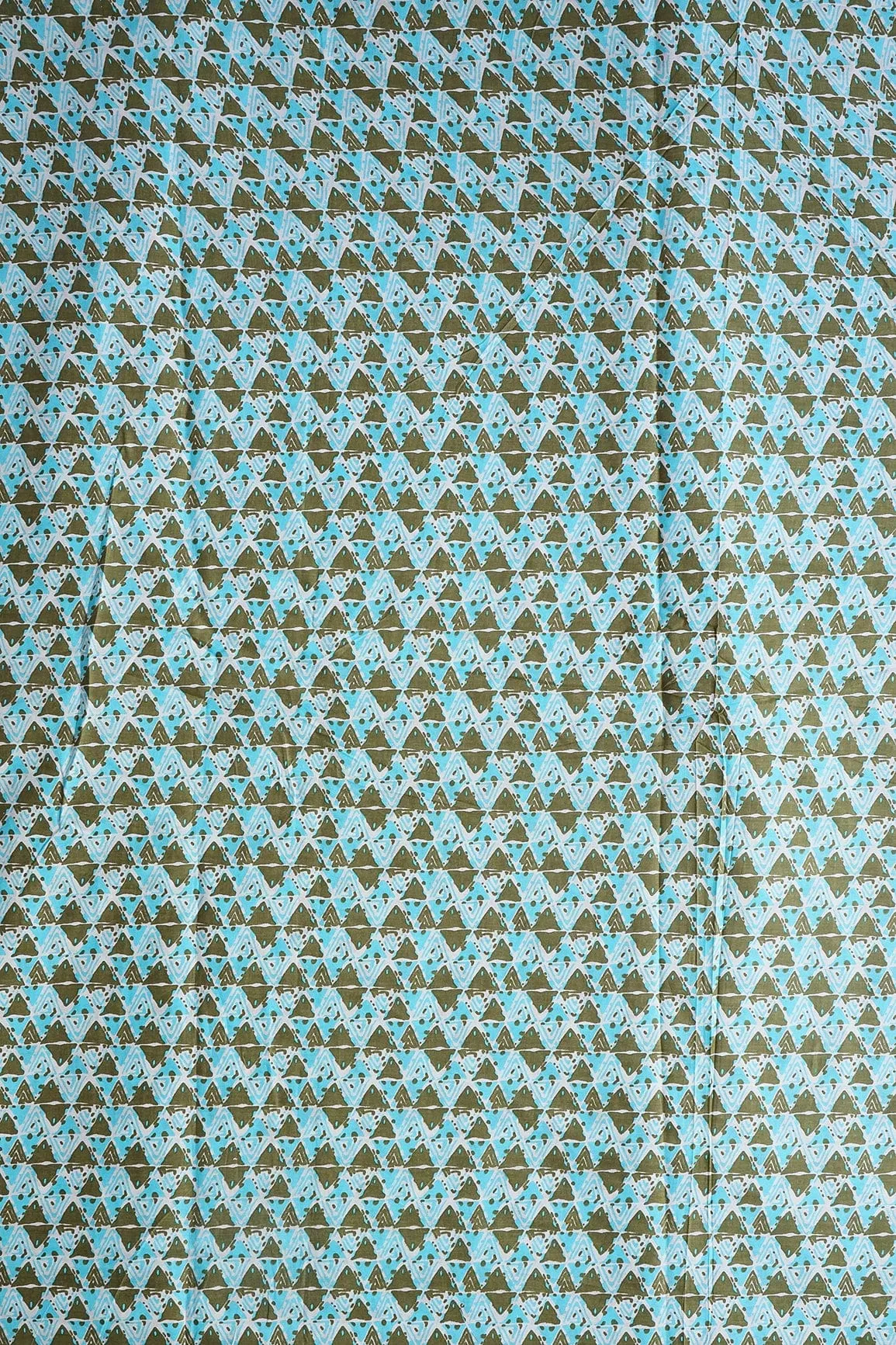 Dark Olive And Sky Blue Geometric Pattern Print On White Pure Cotton Fabric