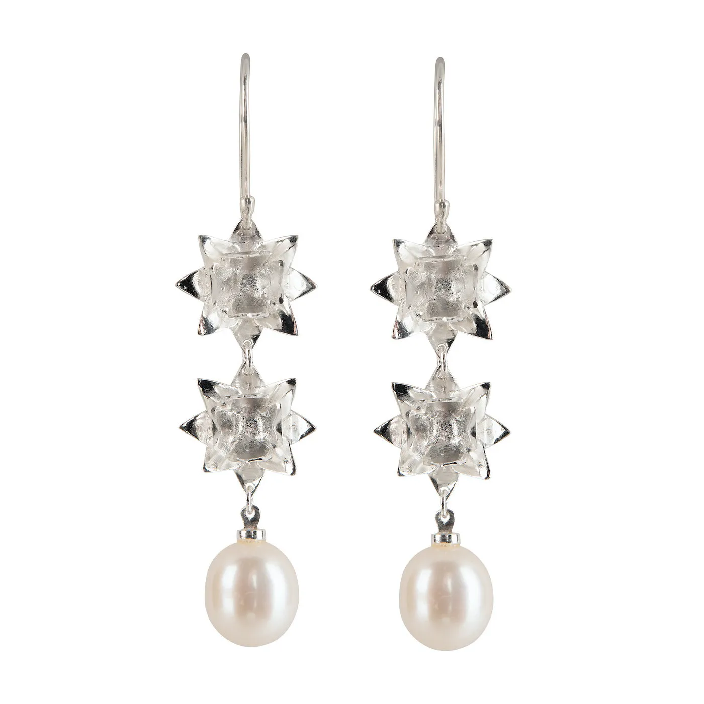 Double Lotus Pearl Hook Earrings - Silver