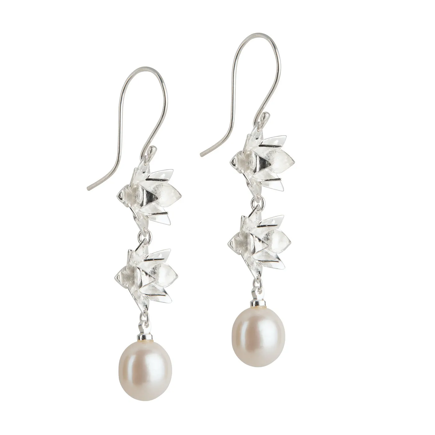 Double Lotus Pearl Hook Earrings - Silver