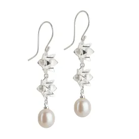 Double Lotus Pearl Hook Earrings - Silver