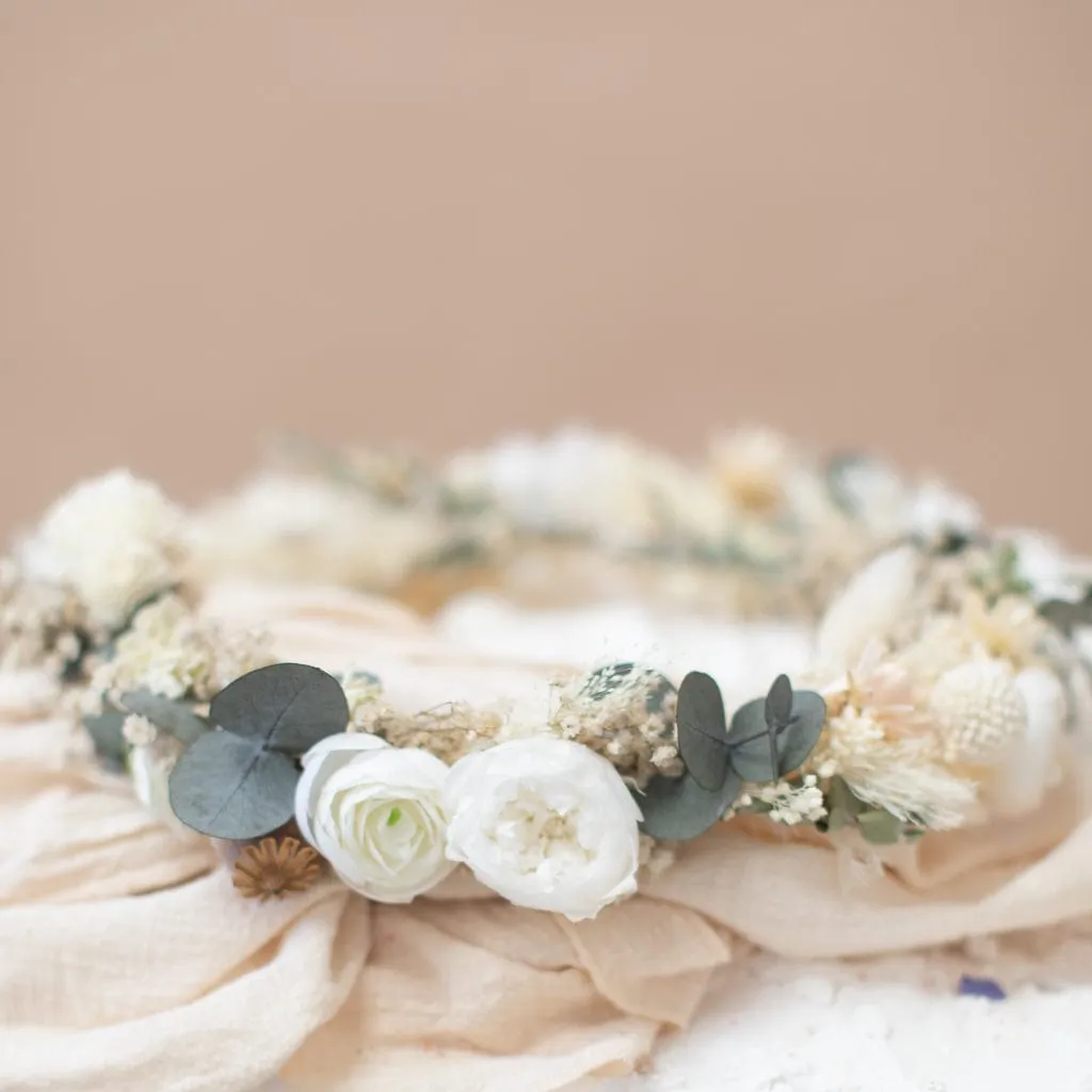 Dried Flowers Bridal Crown - Vintage Cream & White