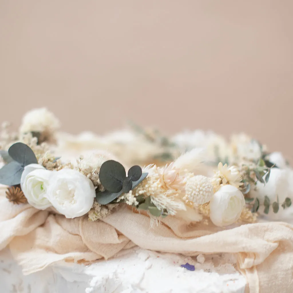 Dried Flowers Bridal Crown - Vintage Cream & White