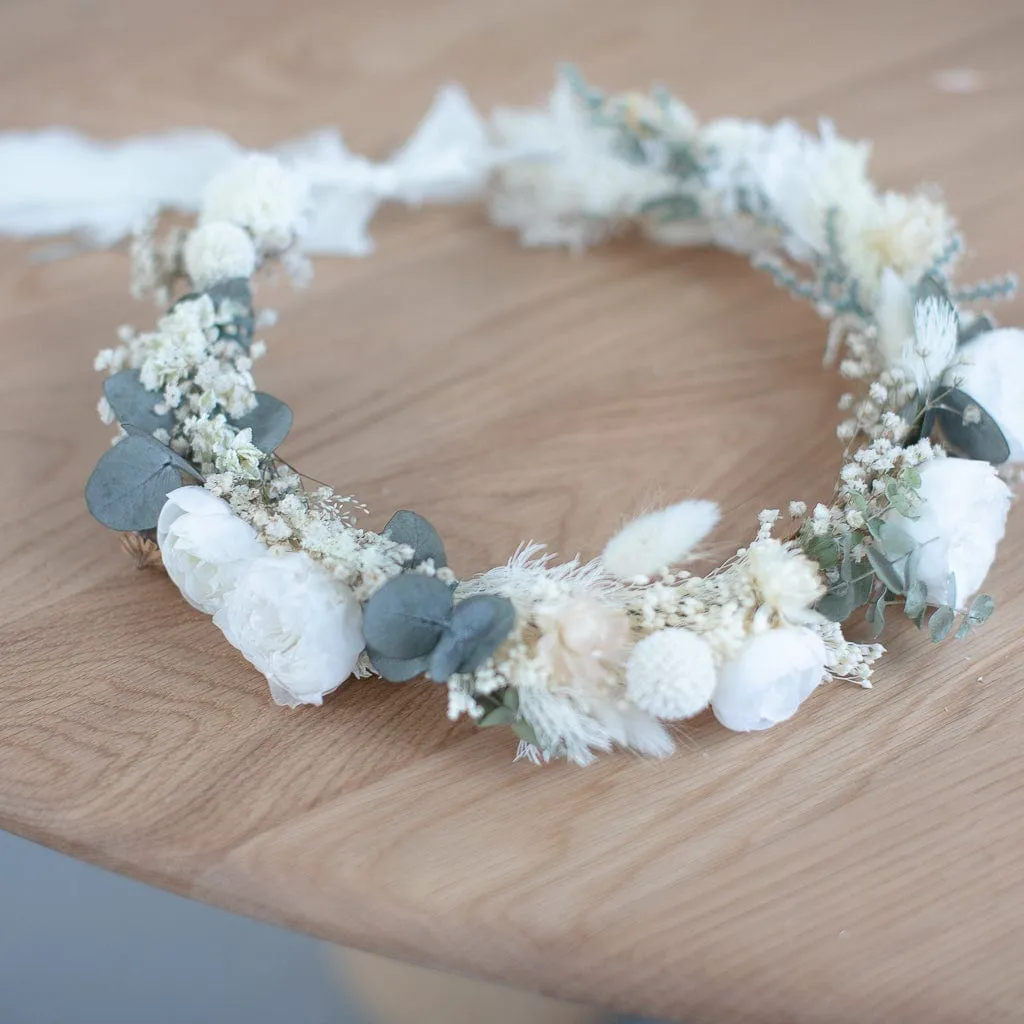 Dried Flowers Bridal Crown - Vintage Cream & White