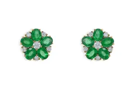 Earrings 14kt Gold Flowers Oval Emeralds & Diamonds