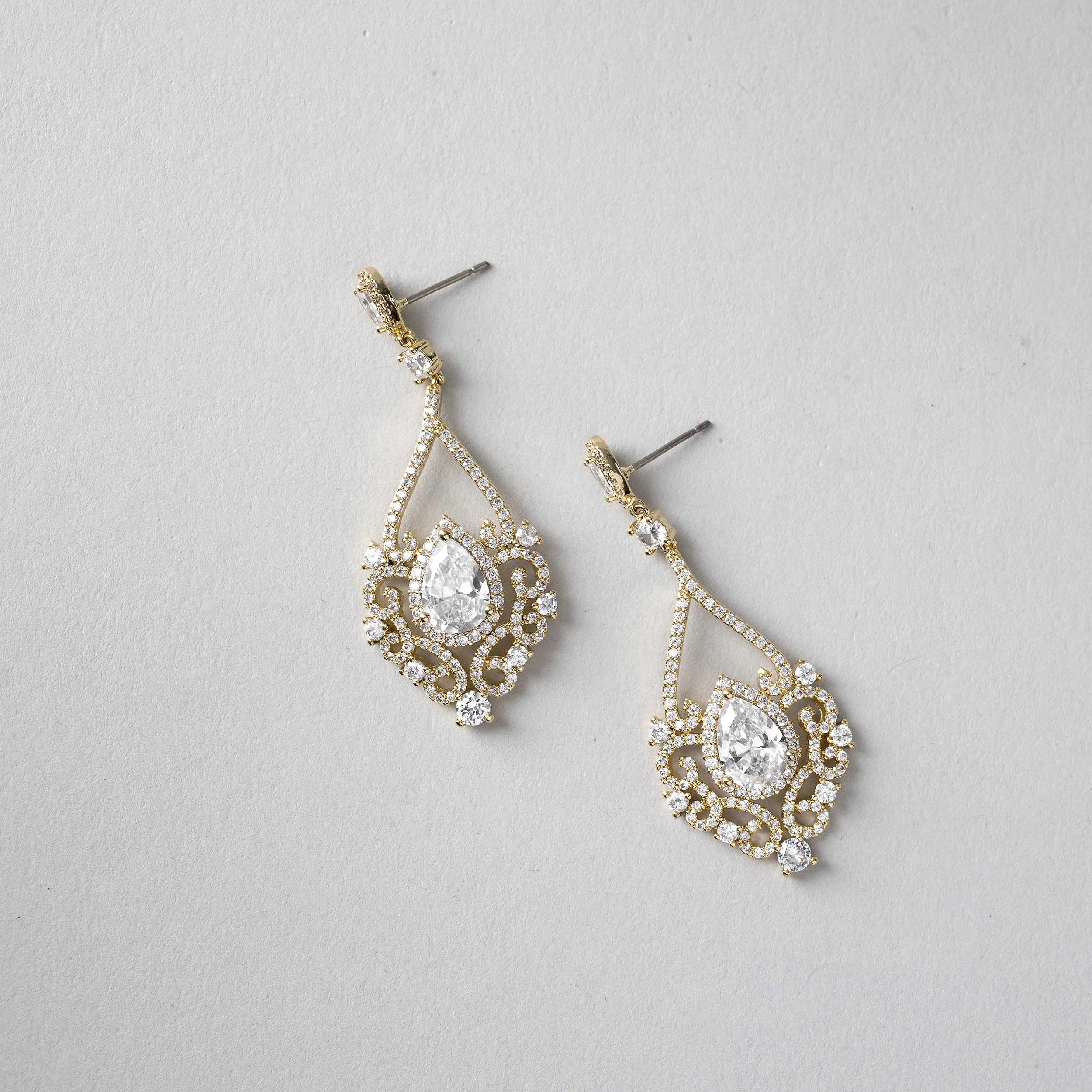 Filigree Wedding Earrings with Pear CZ