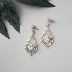 Filigree Wedding Earrings with Pear CZ