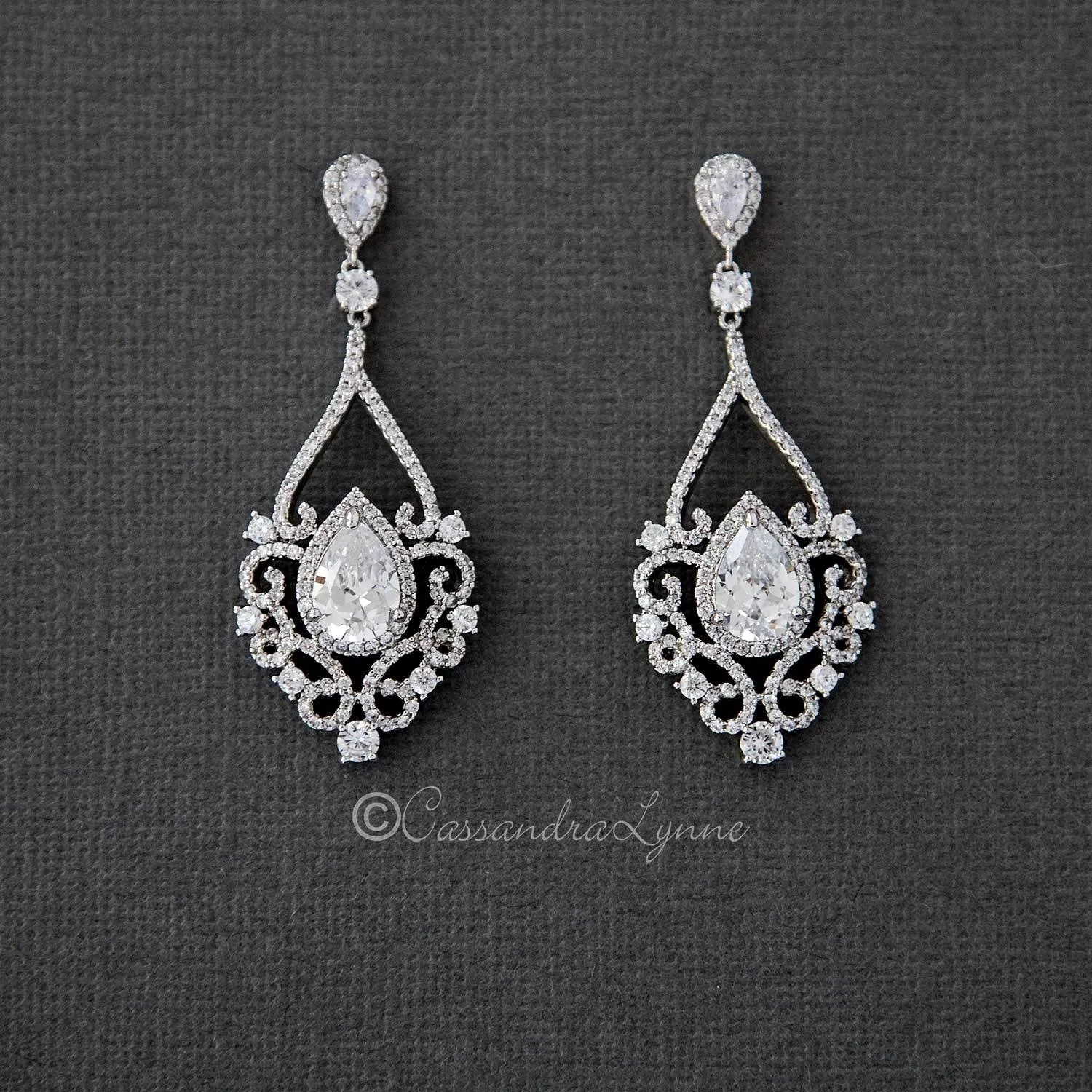 Filigree Wedding Earrings with Pear CZ