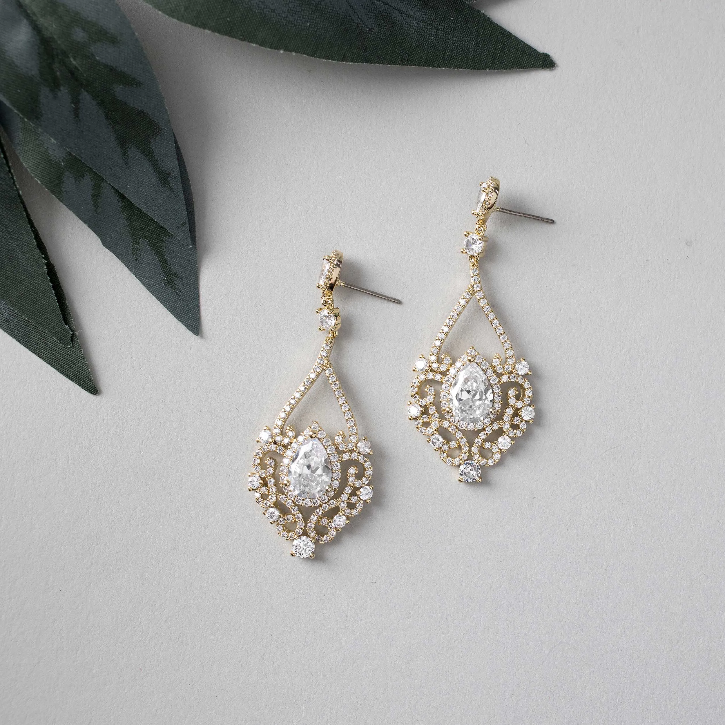 Filigree Wedding Earrings with Pear CZ