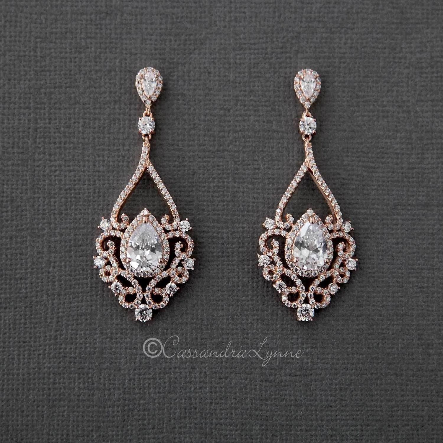 Filigree Wedding Earrings with Pear CZ