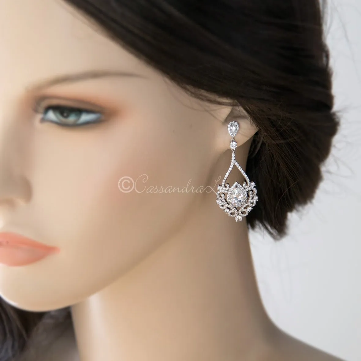 Filigree Wedding Earrings with Pear CZ