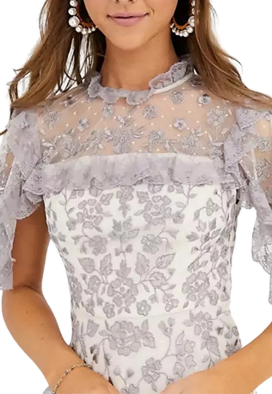 Floral Embroidered with Lilac Ruffles Mini Dress