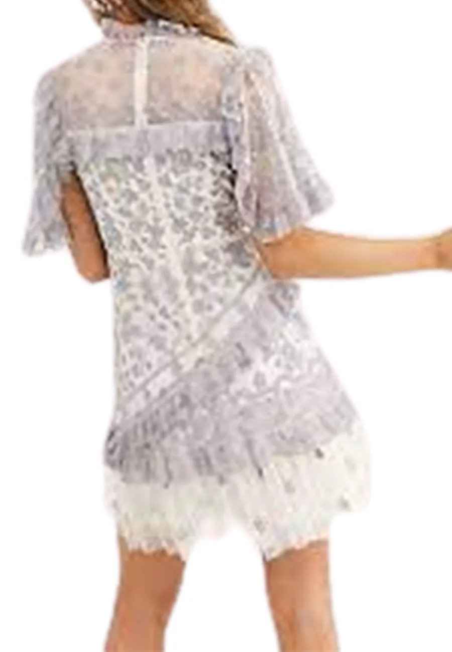 Floral Embroidered with Lilac Ruffles Mini Dress