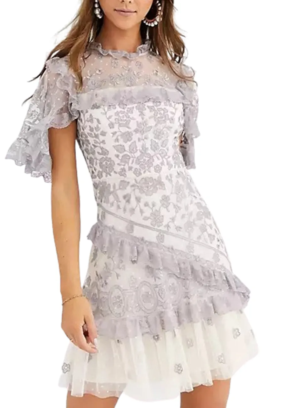 Floral Embroidered with Lilac Ruffles Mini Dress