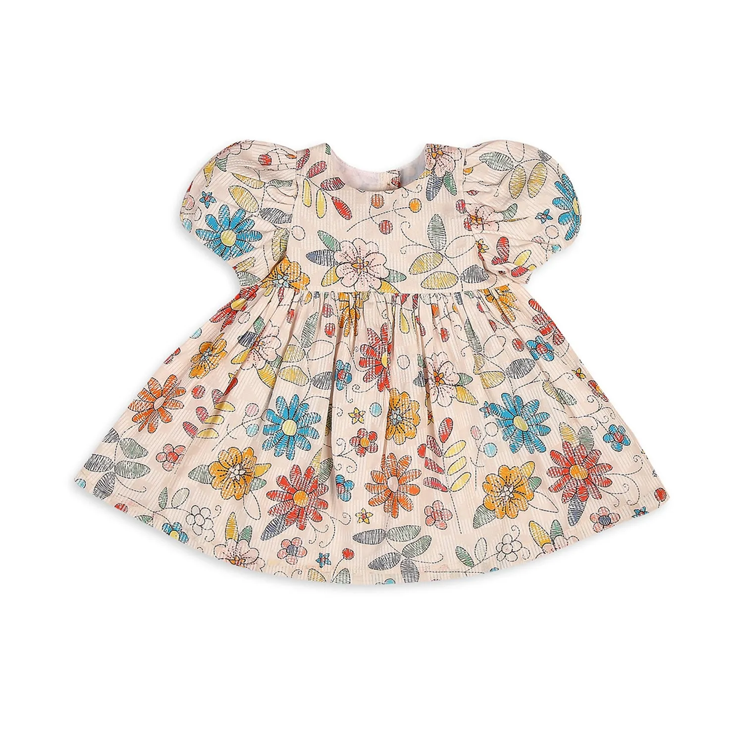 Floral Printed Puff Sleeves Dress - Off White
