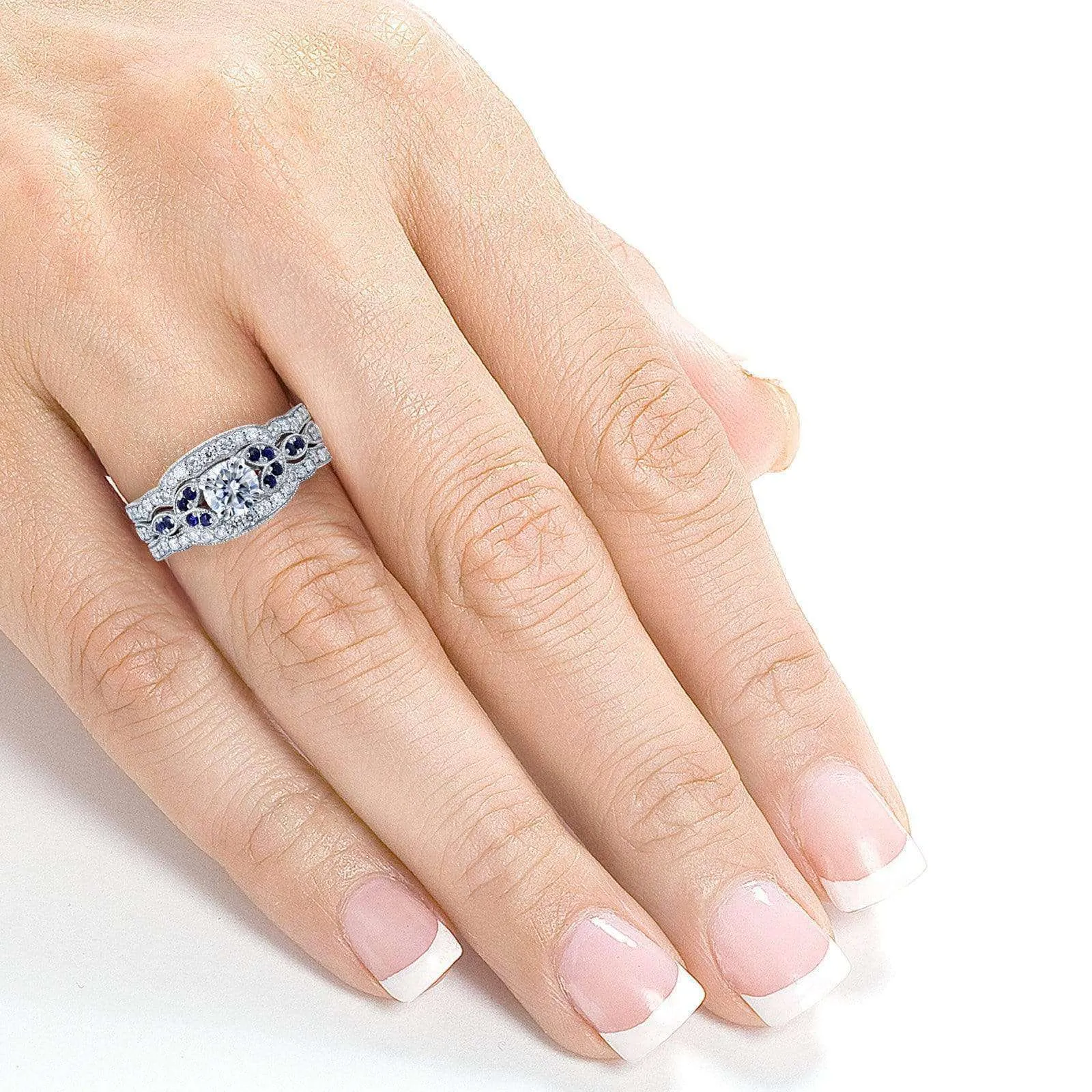 Floral Round Moissanite Double Band Bridal Set with Diamond and Sapphire 1 CTW 14k White (DEF/VS, GH/I, Blue)