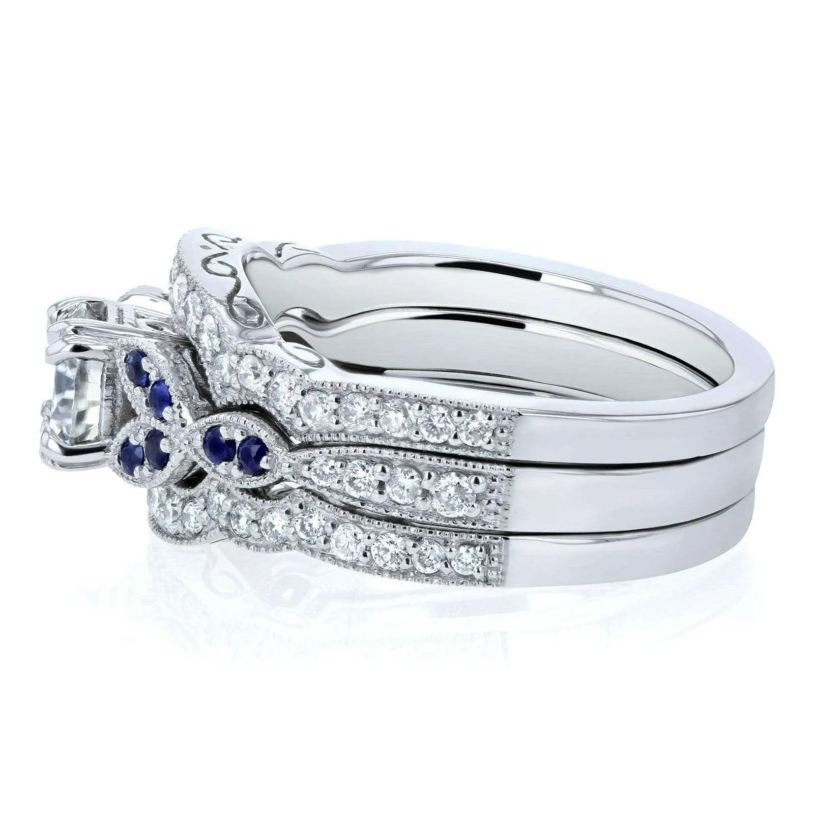Floral Round Moissanite Double Band Bridal Set with Diamond and Sapphire 1 CTW 14k White (DEF/VS, GH/I, Blue)
