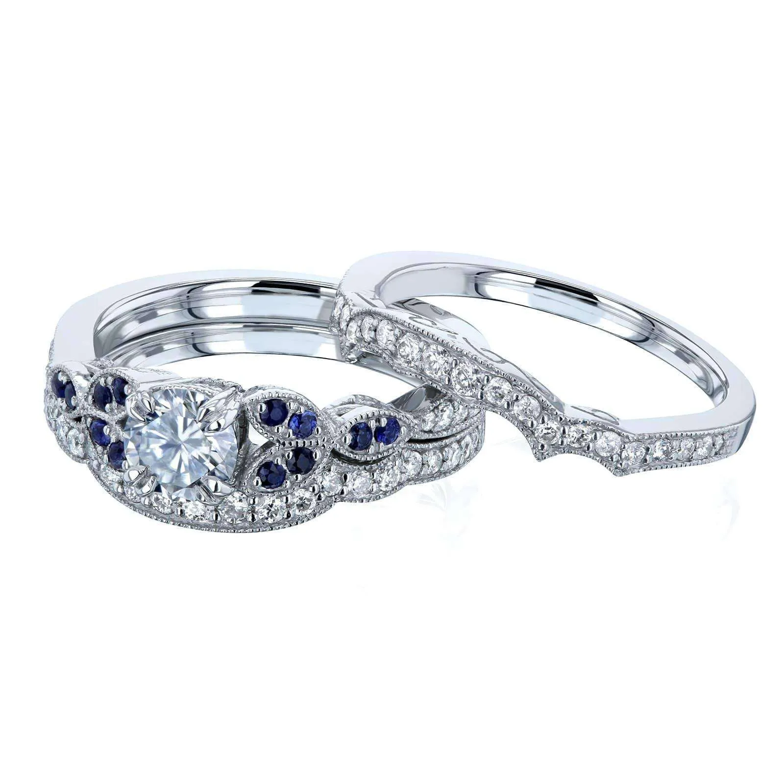 Floral Round Moissanite Double Band Bridal Set with Diamond and Sapphire 1 CTW 14k White (DEF/VS, GH/I, Blue)
